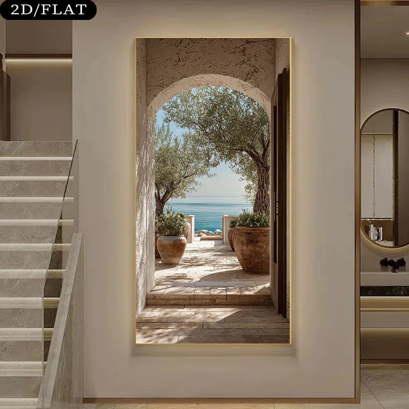 Mediterranean Ocean View Terracotta Olive Tree Archway Wall Art Fine Art Canvas Print Vertical Format Escapist Landscape Artwork For Foyer