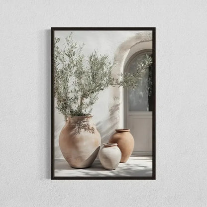 Framed artwork of three terracotta pots with olive branches on a light background