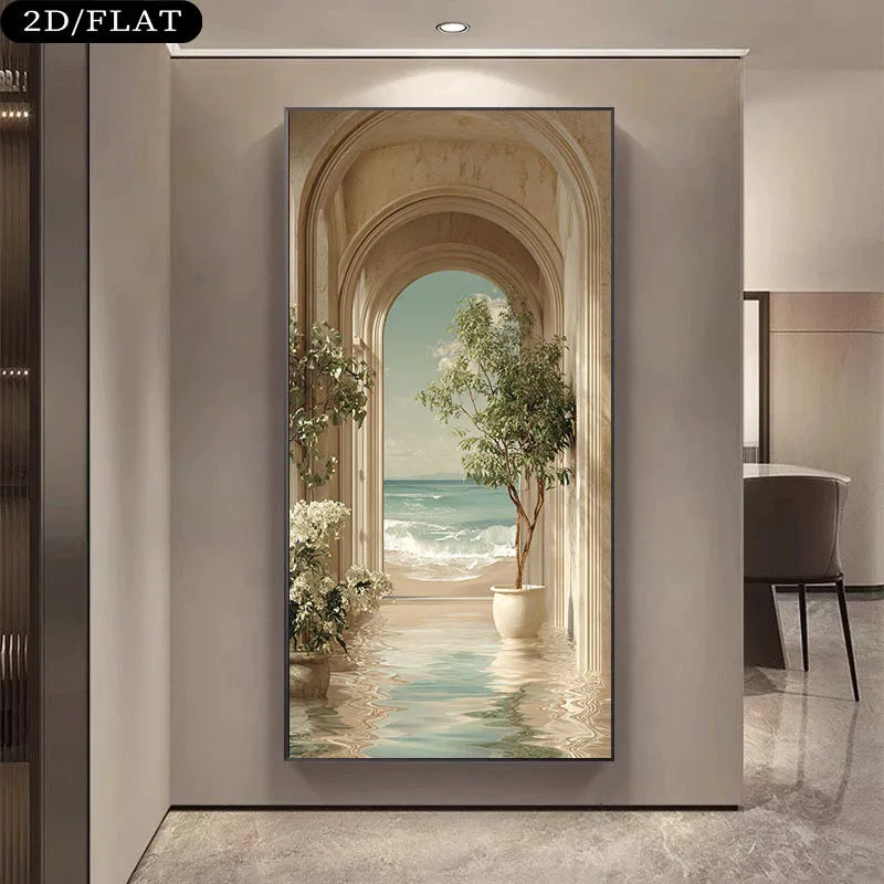 A tall vertical wall art print hangs on a beige hallway wall. The artwork depicts an arched corridor opening onto a seaside scene with pale blue ocean water, white flowers, and potted trees.