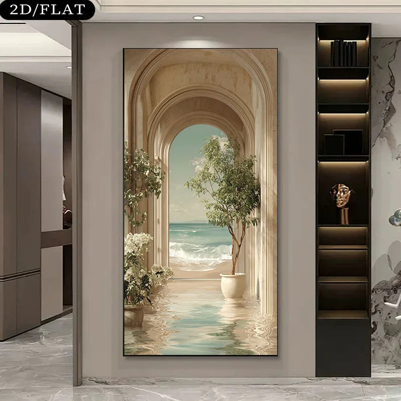 A vertical wall art print displayed in a modern interior hallway. The artwork depicts an arched classical corridor opening onto a beach scene with ocean water, white waves, and potted trees.