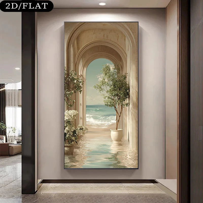 A vertical wall art print depicting an arched corridor leading to the sea, displayed in a modern hallway. The print features beige stone arches, potted green trees, and a blue ocean view.