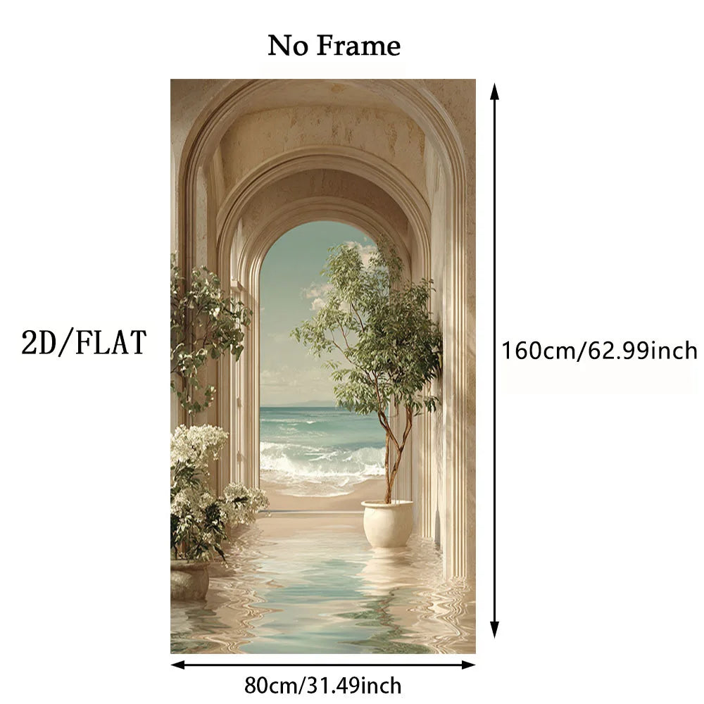 A wall decal or wallpaper sample showing a scenic coastal view framed by large arches, with dimension labels indicating 160cm in height and 80cm in width, plus text reading 'No Frame' and '2D/FLAT'.