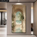 A vertical wall art print displayed in a modern interior hallway. The artwork depicts an arched architectural scene with potted trees and a sea view in the distance.