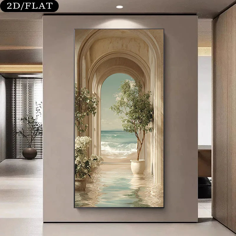 A vertical wall art print displayed in a modern interior hallway. The artwork depicts an arched architectural scene with potted trees and a sea view in the distance.
