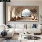 Modern living room with a large wall art piece depicting a scenic landscape.