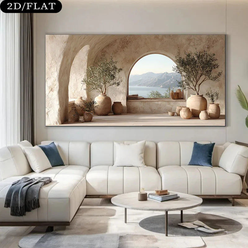 Modern living room with a large wall art piece depicting a scenic landscape.