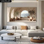 Living room with a large wall art piece depicting an archway and landscape.
