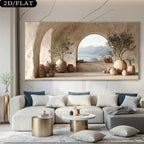 Living room with a large wall art depicting a scenic view with arches and plants.