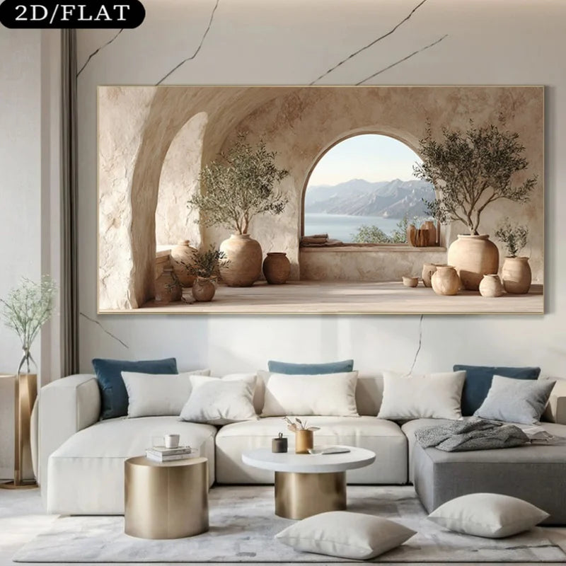 Living room with a large wall art depicting a scenic view with arches and plants.