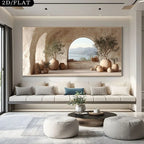 Modern living room with a large wall art piece depicting a scenic landscape.