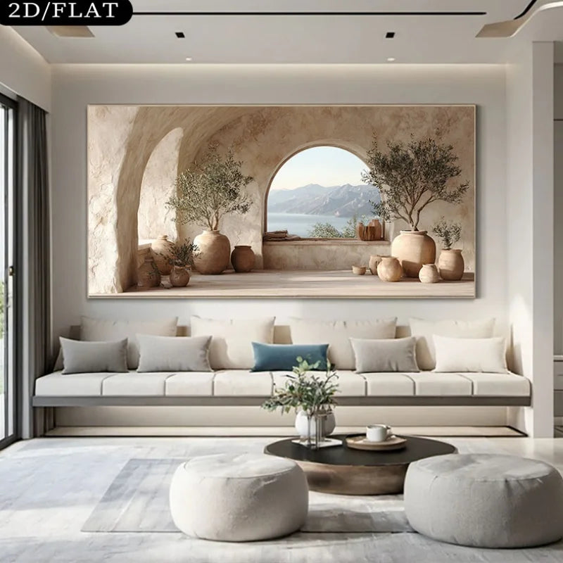 Modern living room with a large wall art piece depicting a scenic landscape.