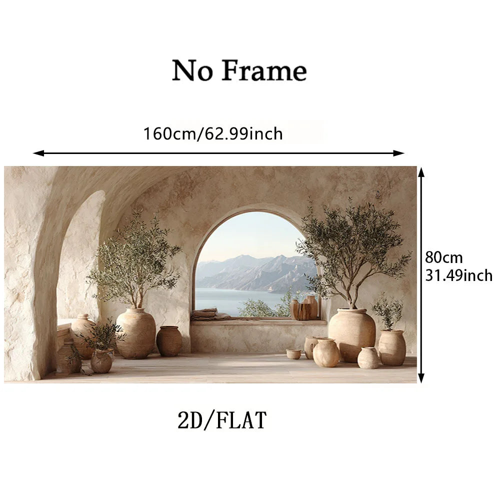 Dimensions of a wall mural with an archway and scenic view, labeled 'No Frame'.