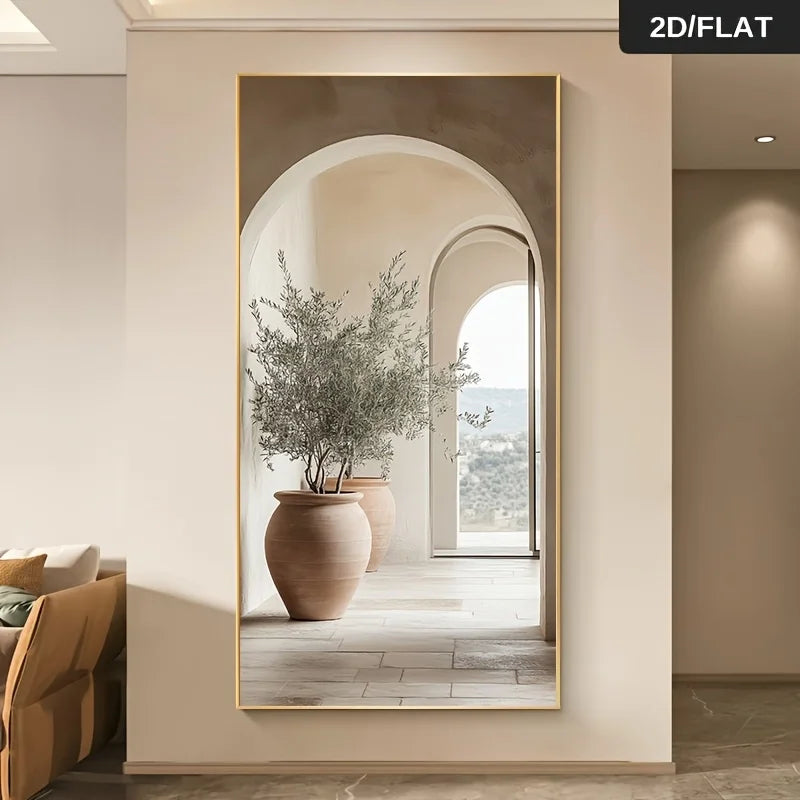 Framed mirror on a wall with a plant reflection