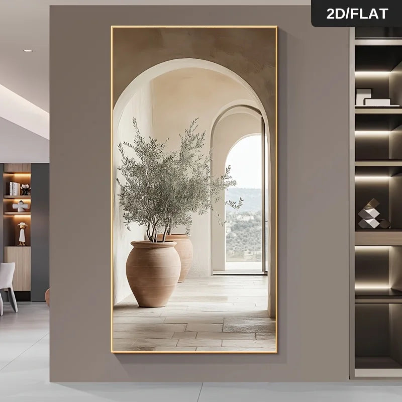 Decorative mirror with a gold frame on a wall, showing a room with a plant and archway.