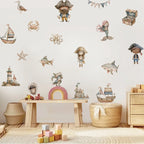 Children's room with pirate-themed wall decals, toys, and wooden furniture.