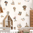 Children's room with pirate-themed wall decals, shelves, and a growth chart.