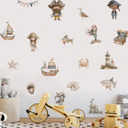 Children's room with pirate-themed wall decals, toys, and a wooden bike.