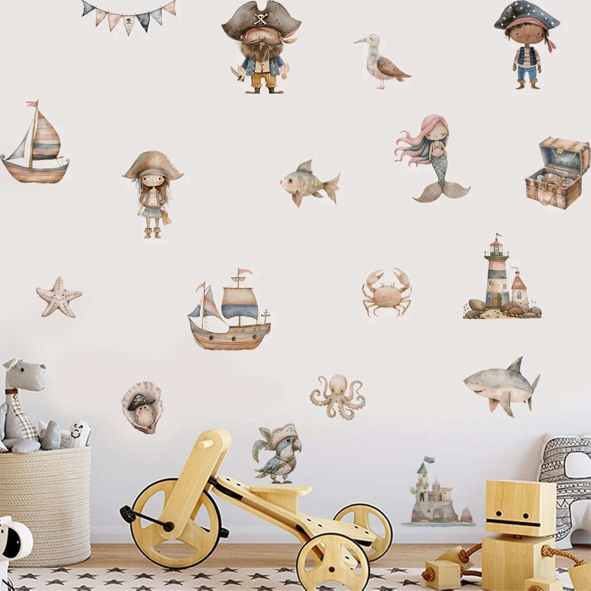 Children's room with pirate-themed wall decals, toys, and a wooden bike.