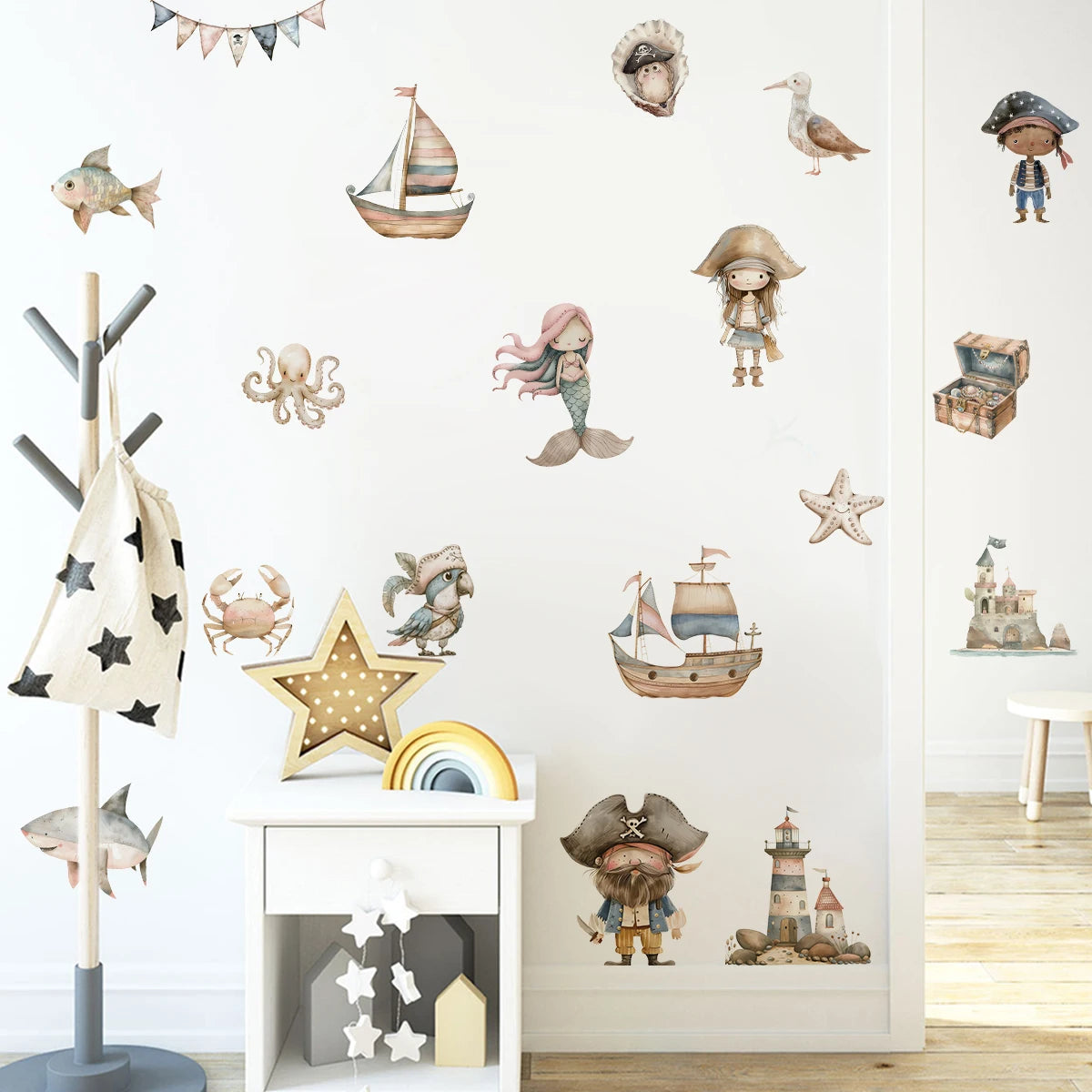 Children's room with nautical-themed wall stickers on a white wall.