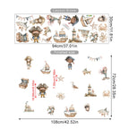 Set of pirate-themed wall stickers with measurements on a white background