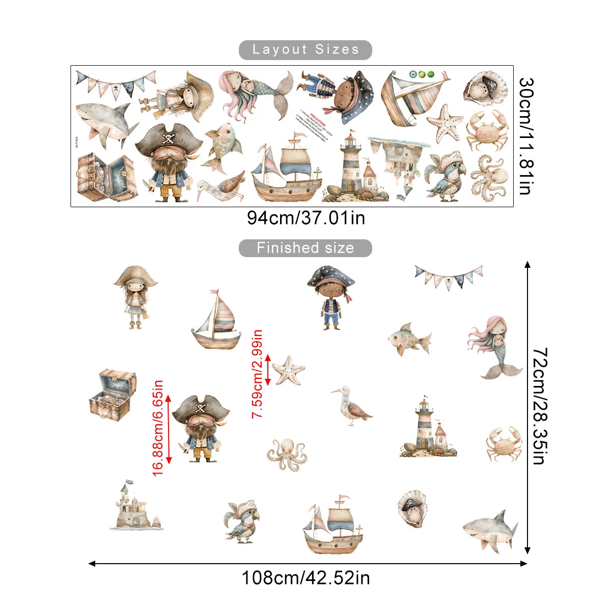 Set of pirate-themed wall stickers with measurements on a white background