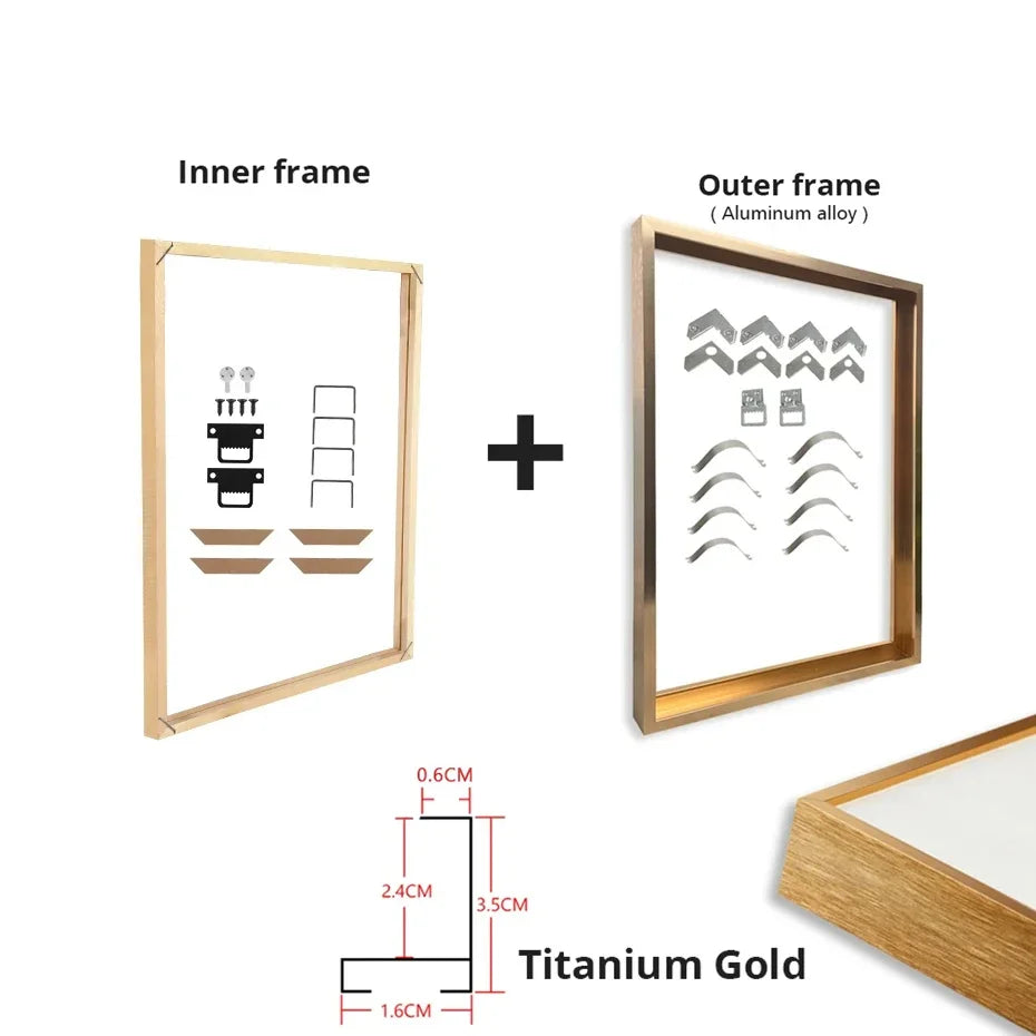 Metal Picture Framing Kit in Gold Silver Black Multiple Sizes 20x30cm - 100x150cm Frames For Canvas Prints - Matte Black, Titanium Gold, Teak Effect etc Aluminium Frame Kits With Wooden Inner Frame