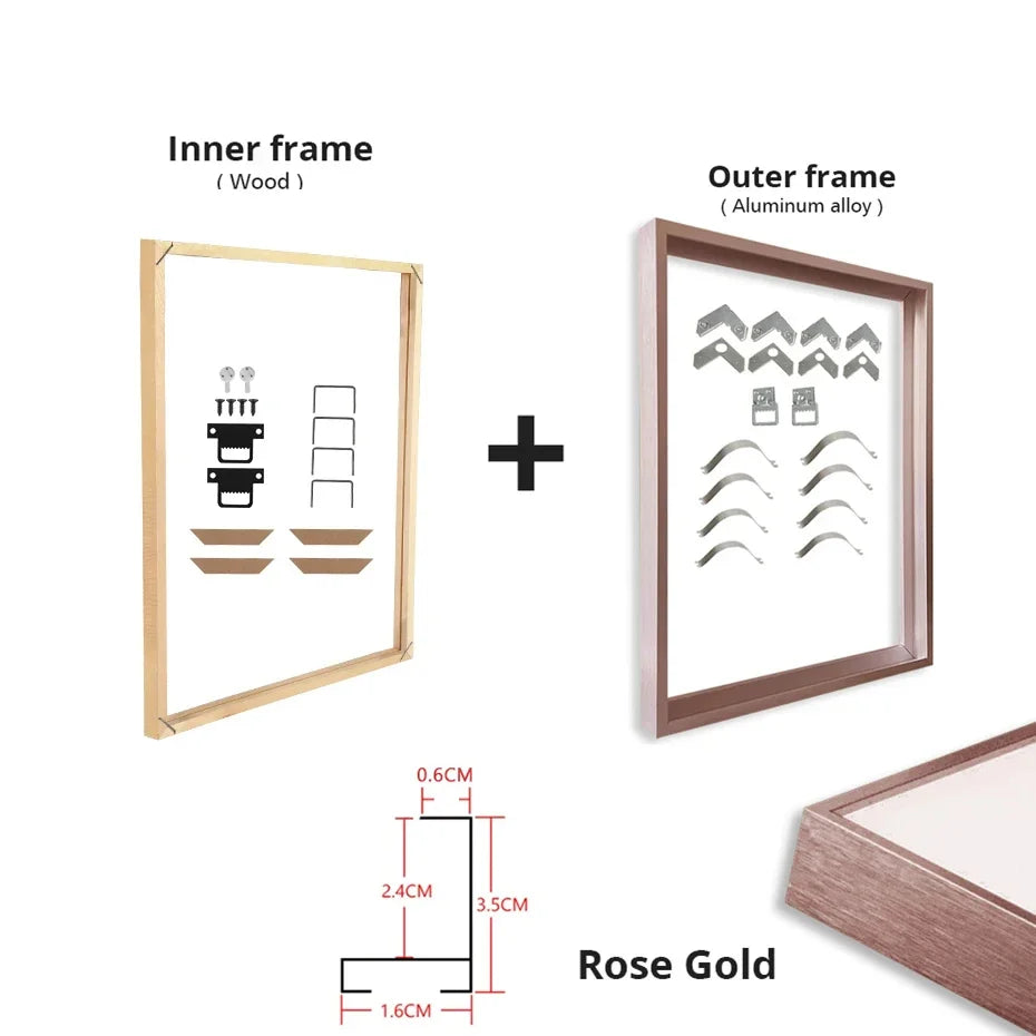 Metal Picture Framing Kit in Gold Silver Black Multiple Sizes 20x30cm - 100x150cm Frames For Canvas Prints - Matte Black, Titanium Gold, Teak Effect etc Aluminium Frame Kits With Wooden Inner Frame