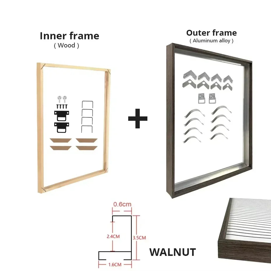 Metal Picture Framing Kit in Gold Silver Black Multiple Sizes 20x30cm - 100x150cm Frames For Canvas Prints - Matte Black, Titanium Gold, Teak Effect etc Aluminium Frame Kits With Wooden Inner Frame