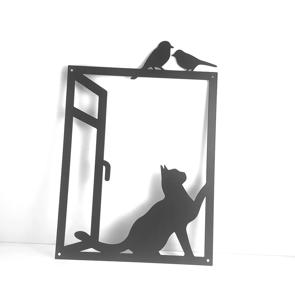 Metal Wall Art Birds and Cat Black Silhouette 3d Iron Crafted Metal Plaque Wall Decoration For Living Room Dining Room Cat Lovers Home Decor