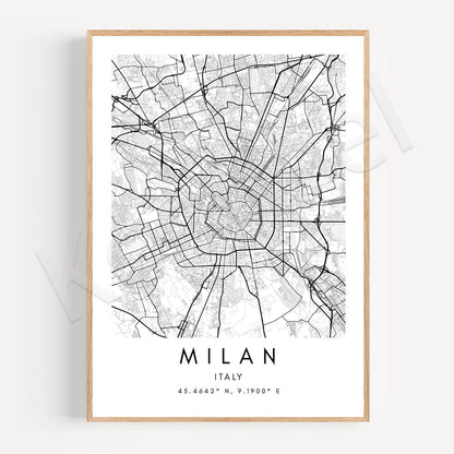 Milan City Map Posters Wall Map Wall Art Black White Fine Art Canvas Prints Stylish Minimalist Posters For Home/Office