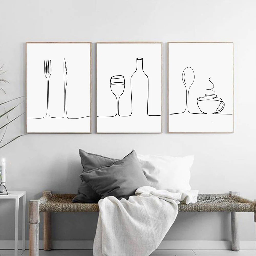 Minimalist Food & Drink Kitchen Wall Art Black White Line Art Canvas Print For Coffee Shop Restaurant Tea Room Cafe Nordic Style Home Interior Decor