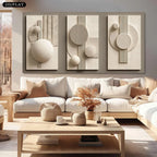 Modern living room with a white sofa, wooden coffee table, and abstract wall art.