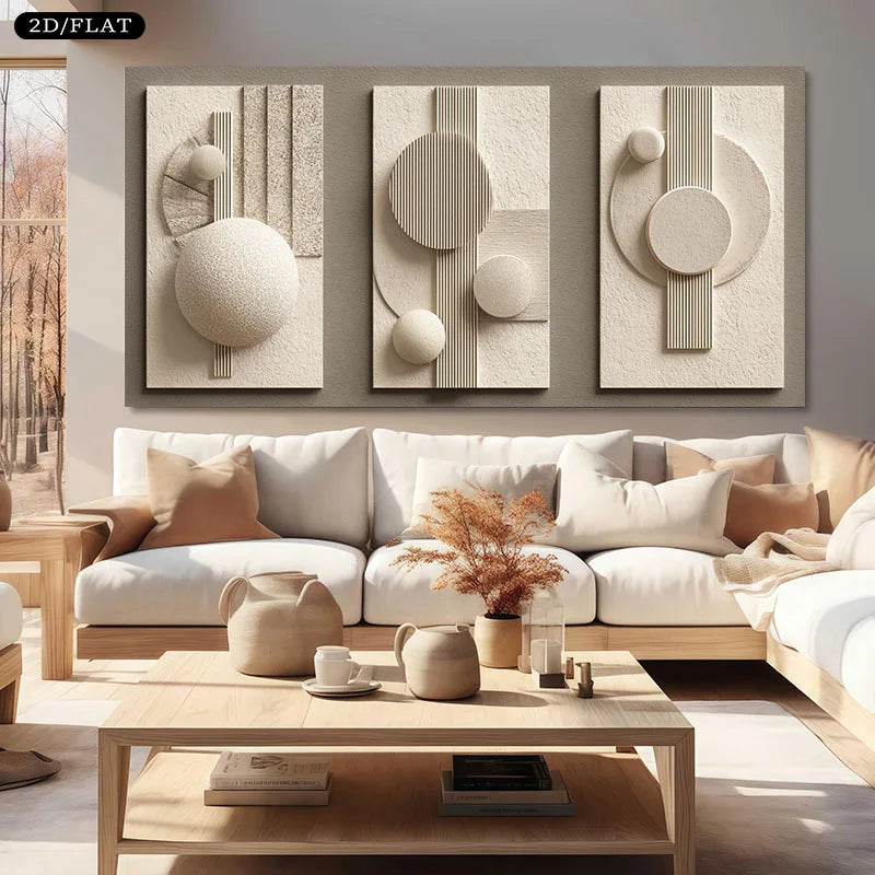 Modern living room with a white sofa, wooden coffee table, and abstract wall art.