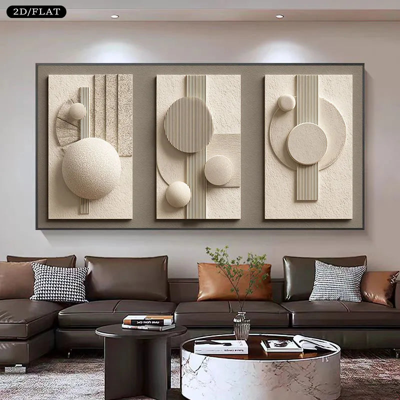 Modern living room with abstract wall art and a brown sectional sofa.