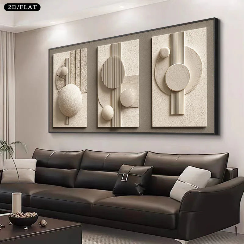 Modern living room with a brown leather sofa and abstract wall art.