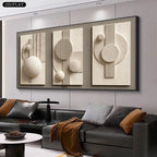 Modern living room with a large abstract wall art piece above a sofa.