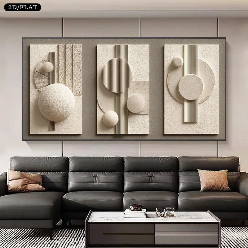 Modern living room with a black leather sofa and abstract wall art.