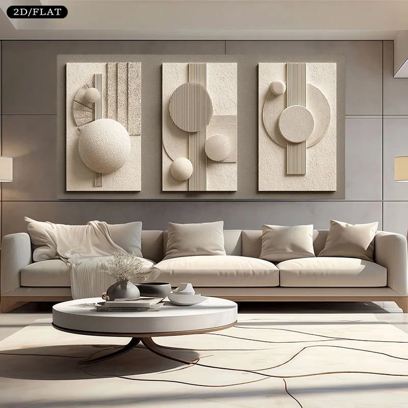 Modern living room with a beige sofa, round coffee table, and abstract wall art.