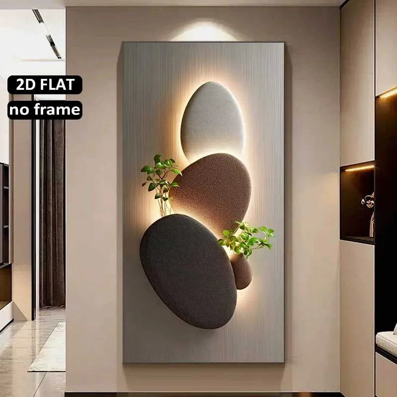 Decorative wall art with three-dimensional stone-like shapes and plants on a neutral wall.
