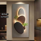 Decorative wall art with stones and plants on a neutral wall.