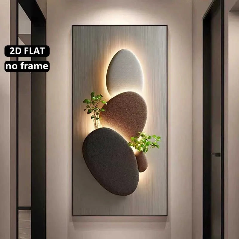 Decorative wall art with stones and plants on a neutral wall.