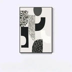 Abstract black and white artwork on a light purple background