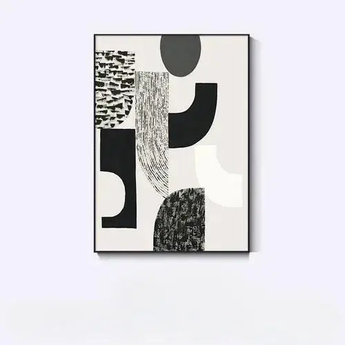 Abstract black and white artwork on a light purple background