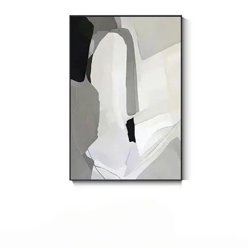 Abstract art piece with black, white, and gray colors on a white background