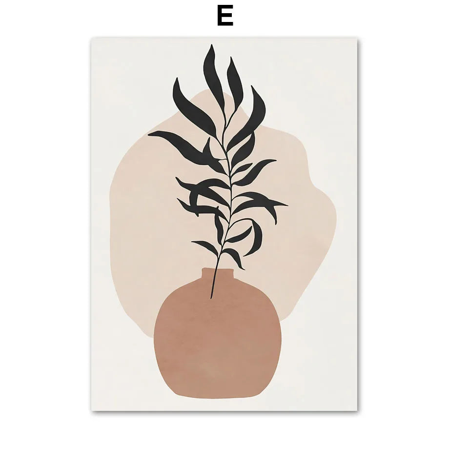 Poster with a brown vase and black leaves on a beige and white background