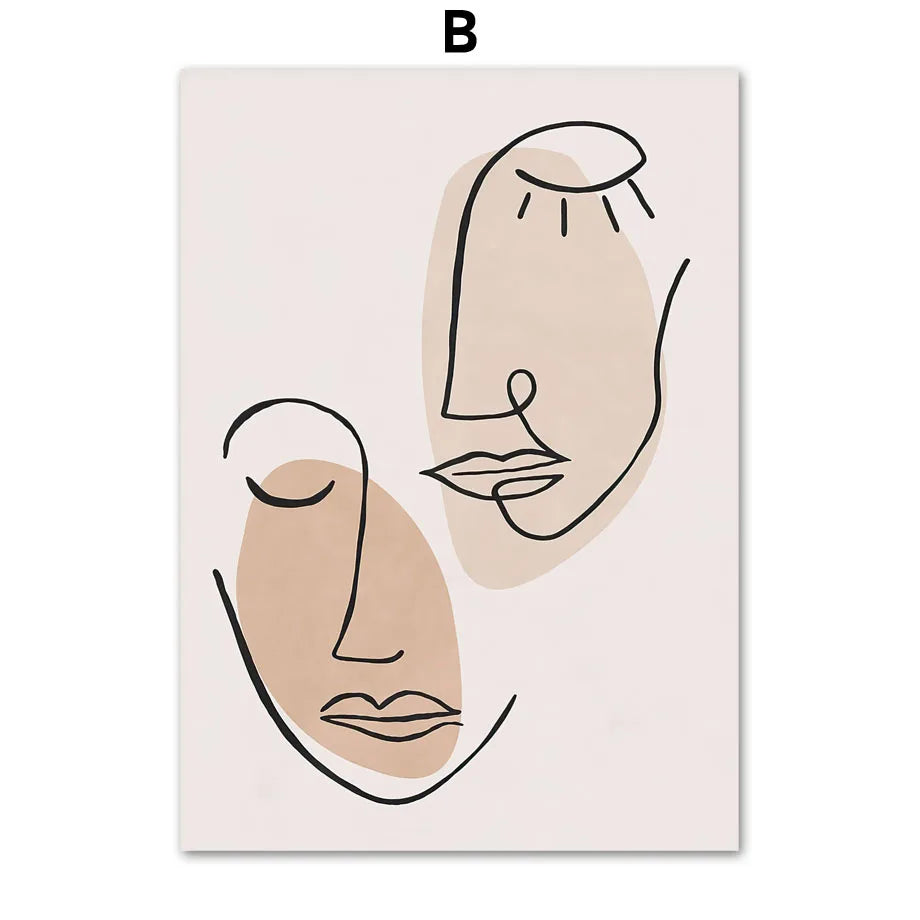 Abstract line art of two faces on a beige background