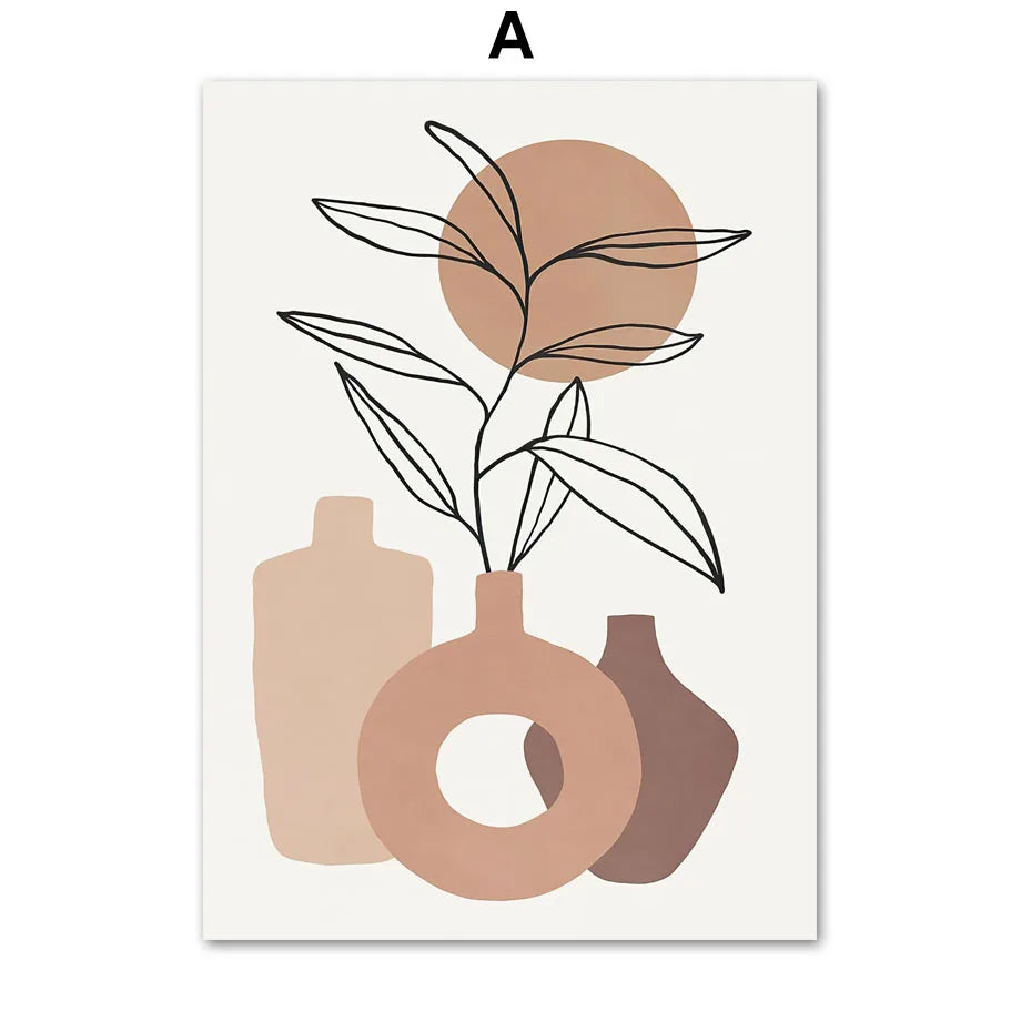Decorative poster with abstract vases and leaves in earthy tones on a white background