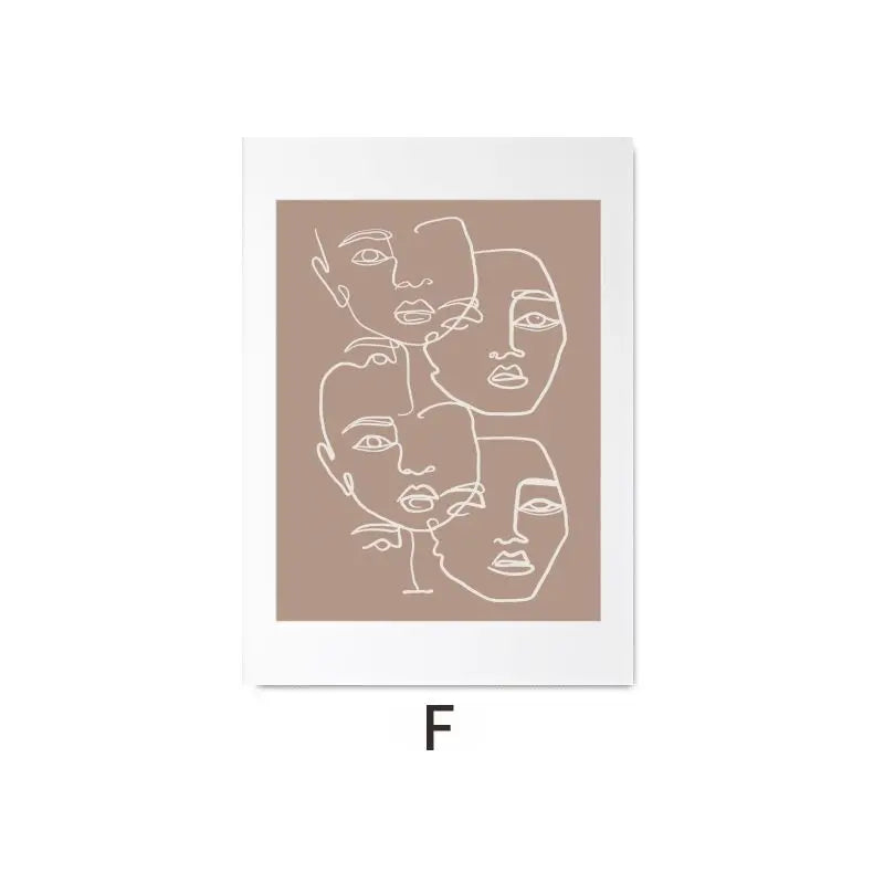 Art print with abstract line drawings of faces on a beige background, framed in white.
