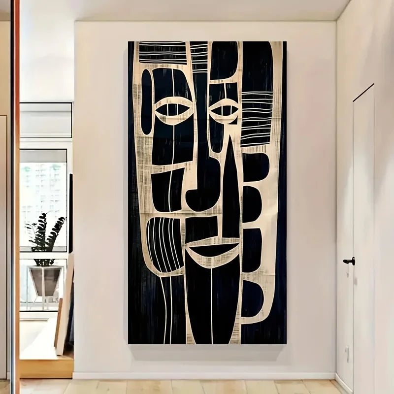 Abstract black and white wall art in a modern interior setting