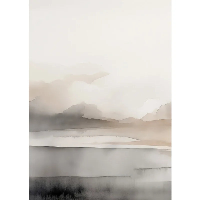 Abstract watercolor landscape with soft, muted colors on a white background